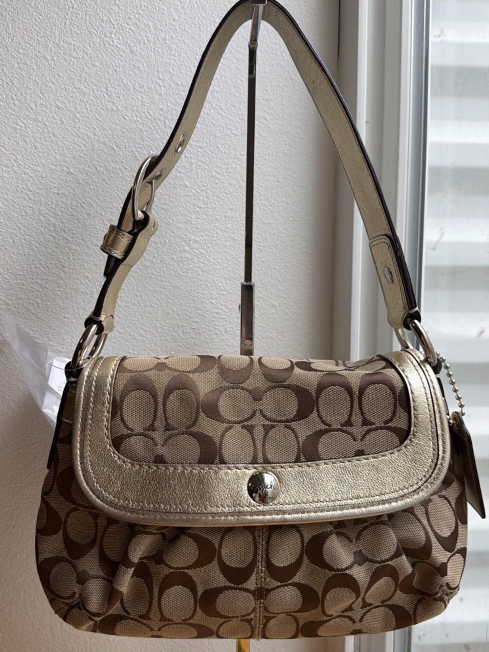 Coach Pleated Soho Gold and Beige Signature Canvas  Shoulder Bag with Gold Trim
